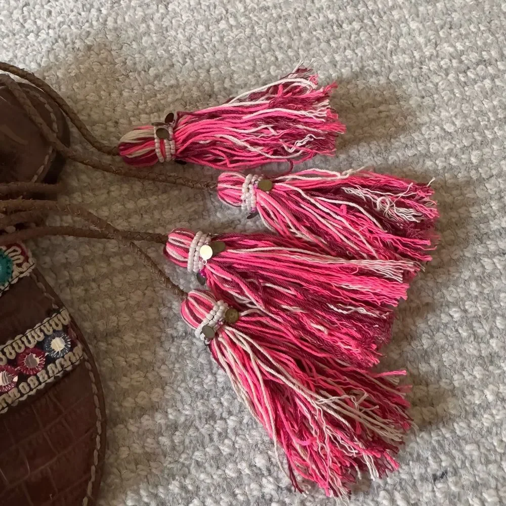 Sam Edelman Bohemian Embroidered Greek Leather Sandals with Pink Tassels